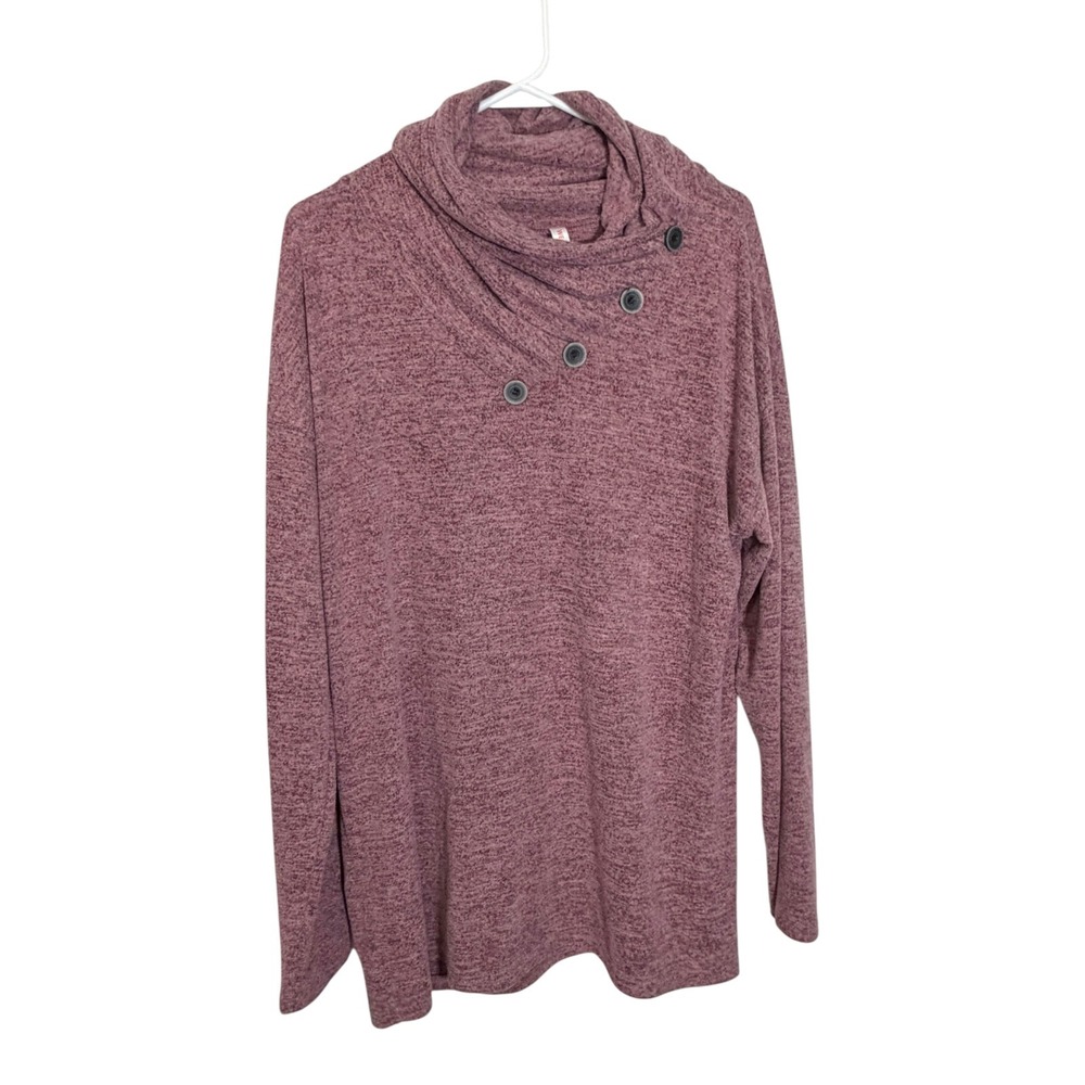 XL Purple Cowl Neck Sweater Button Detail Long Sleeve Top Marled Knit Casual